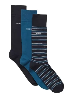 Lot de 3 paires de chaussettes hautes en coton stretch bleu et rayé en coffret cadeau