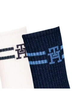 Lot de 2 paires de chaussettes hautes marine et blanches avec bandes colorées