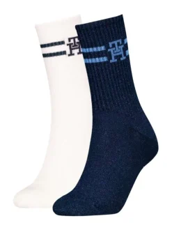 Lot de 2 paires de chaussettes hautes marine et blanches avec bandes colorées