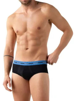 Lot de 3 slips en coton bleus unis pourvus du nom de la marque imprimé