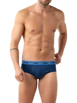 Lot de 3 slips en coton bleus unis pourvus du nom de la marque imprimé