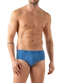 Lot de 3 slips en coton bleus unis pourvus du nom de la marque imprimé