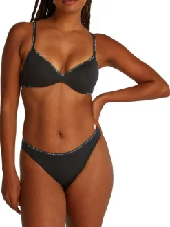 Lot de trois sous-vêtements Tanga noirs unis avec marque à la taille