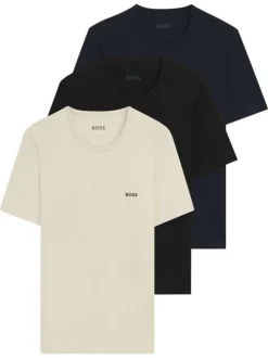 Lot de 3 T-shirts en coton noir, écru et bleu marine uni avec une coupe droite