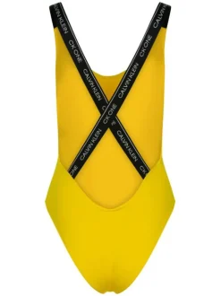 Maillot de bain une pièce jaune à bretelles logotées