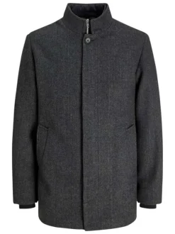 Manteau en laine mélangée anthracite chiné à coupe droite et col montant