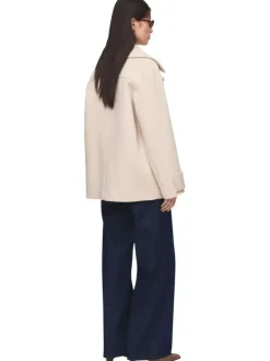 Manteau en laine mélangée écru uni à coupe oversize avec un col à revers