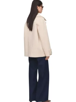 Manteau en laine mélangée écru uni à coupe oversize avec un col à revers