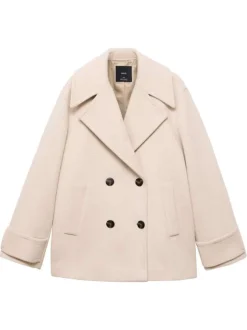 Manteau en laine mélangée écru uni à coupe oversize avec un col à revers