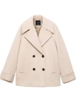 Manteau en laine mélangée écru uni à coupe oversize avec un col à revers