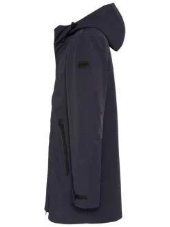 Manteau marine à coupe droite pourvu d'un col à capuche avec cordon de serrage