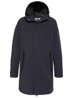 Manteau marine à coupe droite pourvu d'un col à capuche avec cordon de serrage