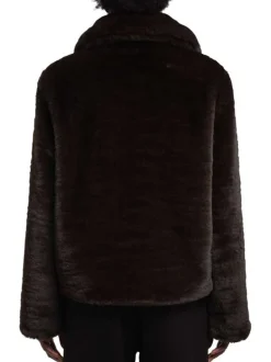 Manteau marron uni aspect fourrure avec un col à revers et une coupe droite