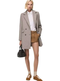 Manteau mi-long en laine mélangée taupe clair uni avec un col à revers