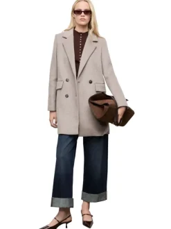 Manteau mi-long en laine mélangée taupe clair uni avec un col à revers