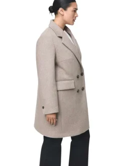 Manteau mi-long en laine mélangée taupe clair uni avec un col à revers