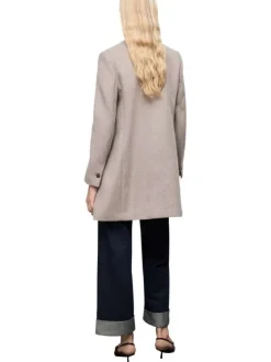 Manteau mi-long en laine mélangée taupe clair uni avec un col à revers
