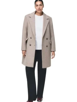Manteau mi-long en laine mélangée taupe clair uni avec un col à revers