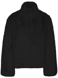 Manteau noir uni en fourrure synthétique avec un col montant
