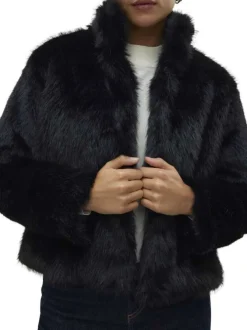 Manteau noir uni en fourrure synthétique avec un col montant