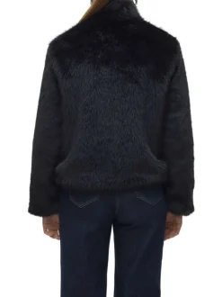 Manteau noir uni en fourrure synthétique avec un col montant