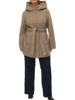 Manteau taupe uni à coupe droite avec un col à capuche et une ceinture