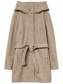 Manteau taupe uni à coupe droite avec un col à capuche et une ceinture