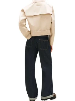 Manteau Trench court en coton mélangé beige uni avec une coupe droite