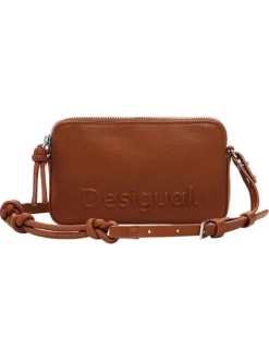 Mini sac à bandoulière camel grainé avec le nom de la marque embossé