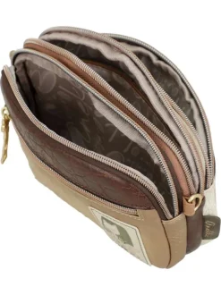 Mini sac beige avec des imprimés et une anse et deux zips