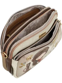 Mini sac beige avec des imprimés et une anse et deux zips