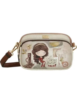 Mini sac beige avec des imprimés et une anse et deux zips