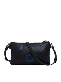 Mini sac à main noir avec fleurs bleues embossées, fermeture zippée et logo