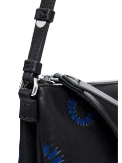 Mini sac à main noir avec fleurs bleues embossées, fermeture zippée et logo