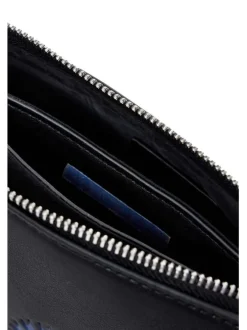 Mini sac à main noir avec fleurs bleues embossées, fermeture zippée et logo