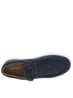 Mocassins bleu marine en cuir nubuck avec des lacets plats et logo embossé
