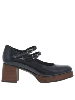 Mocassins en cuir bleu marine à talon décroché moyen et des boucles à ardillons