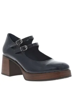 Mocassins en cuir bleu marine à talon décroché moyen et des boucles à ardillons