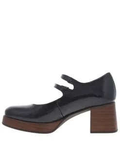 Mocassins en cuir bleu marine à talon décroché moyen et des boucles à ardillons