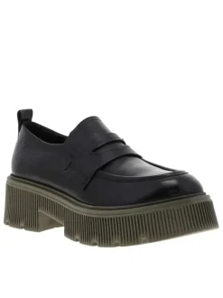 Mocassins en cuir noir coupe bateau à semelle type boots kakie sans fermeture