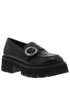 Mocassins en cuir noir à semelle chuncky rainurée à talon décroché moyen