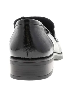 Mocassins en cuir noirs vernis avec semelle à talon plat et strass