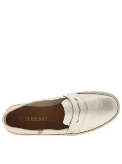 Mocassins en cuir or satinés à semelle plate et à fermeture slip-on
