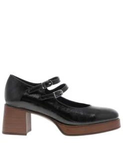 Mocassins en cuir vernis noir avec semelle à talon décroché moyen et brides