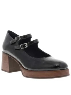 Mocassins en cuir vernis noir avec semelle à talon décroché moyen et brides