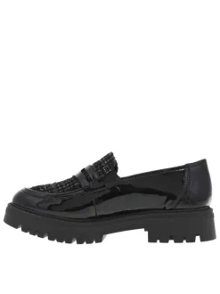 Mocassins en vernis noir à talon plat et incrustation de fils brillants