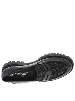 Mocassins en vernis noir à talon plat et incrustation de fils brillants