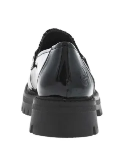 Mocassins en vernis noir à talon plat et incrustation de fils brillants