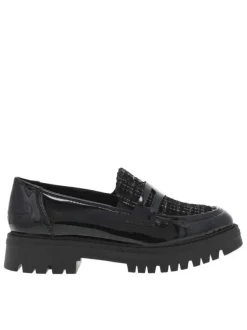 Mocassins en vernis noir à talon plat et incrustation de fils brillants
