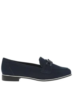 Mocassins marine à semelle noire avec talon décroché bas et boucle décorative